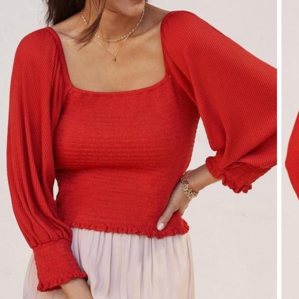 Anthropologie Red Smocked Puff Sleeve Blouse Top